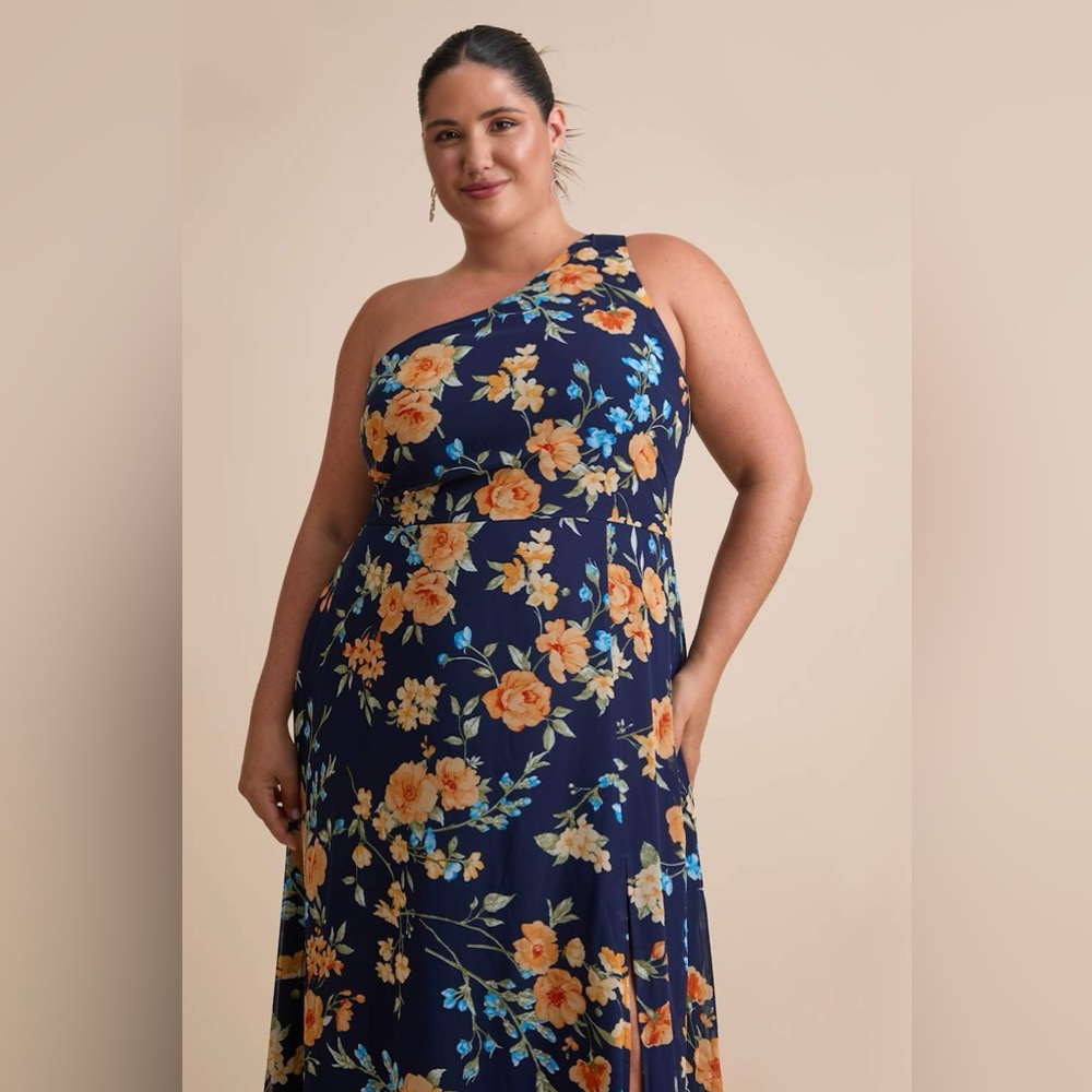 LULU’S Elegant Admiration Navy Blue Floral One Shoulder Maxi Dress - Picture 5 of 8